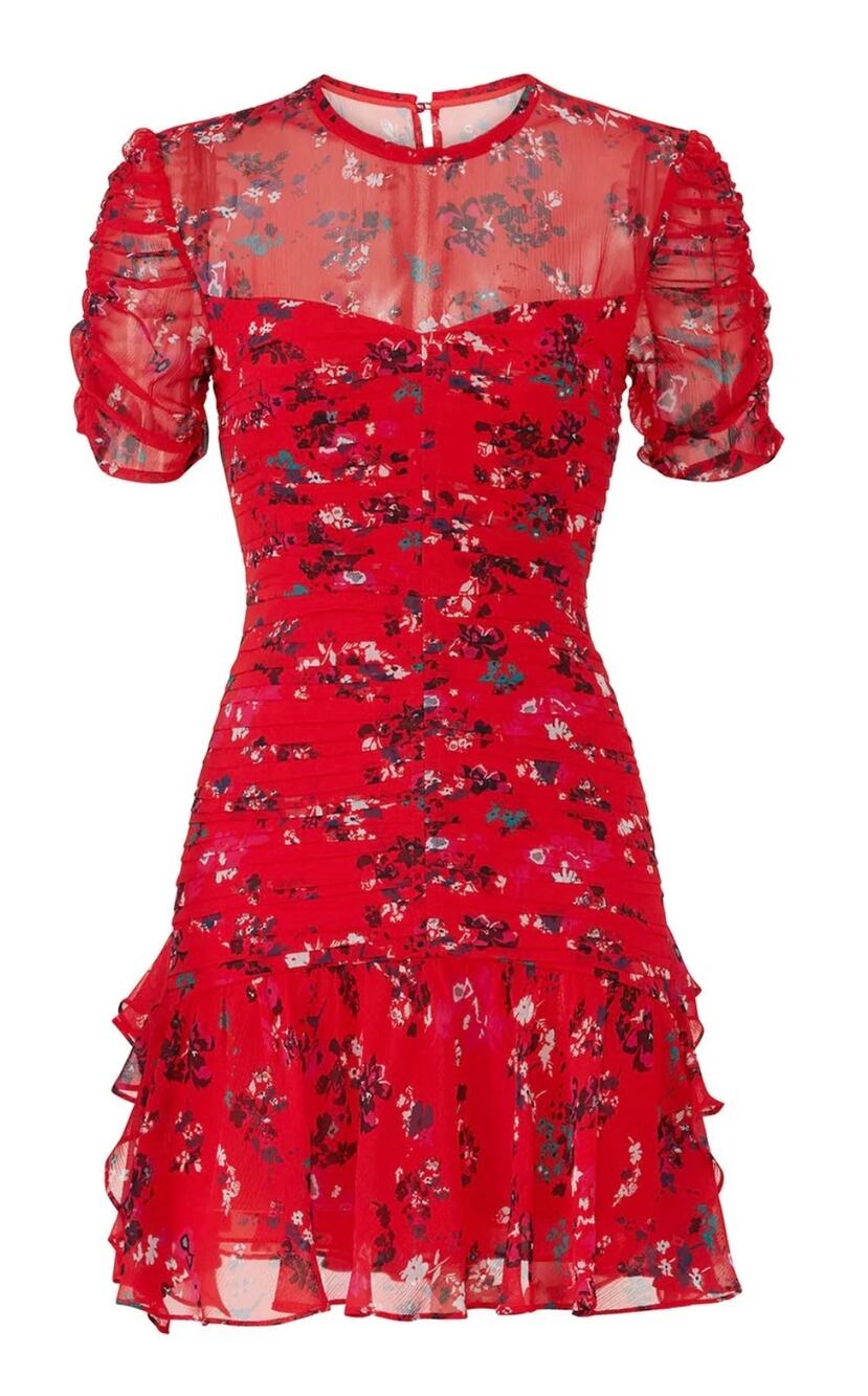 Tanya Taylor Mini Dress Carti Red Floral Silk Ruched Body Ruffle Hem size 6